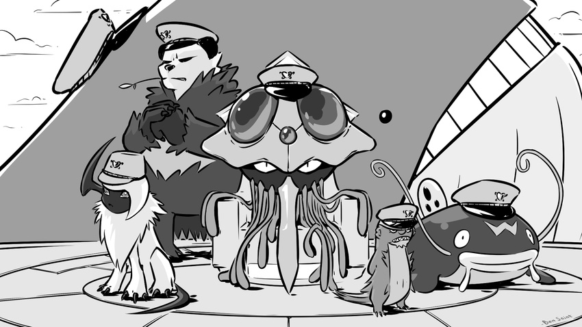 artist_name ben_saint chair cloud cracking_knuckles gen_1_pokemon gen_3_pokemon gen_6_pokemon gen_7_pokemon greyscale gumshoos hat heart highres jellyfish looking_at_viewer monochrome no_humans panda pangoro pokemon pokemon_(creature) signature size_difference tail teeth tentacruel throne wailord whiscash