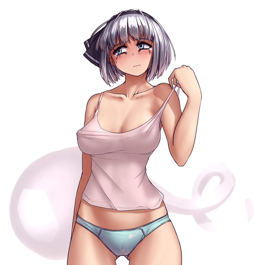 ass_visible_through_thighs black_ribbon blue_panties blush breasts breasts_apart cameltoe collarbone commentary covered_nipples cowboy_shot crying crying_with_eyes_open ear_piercing earrings hair_ribbon hater_(hatater) highres jewelry konpaku_youmu konpaku_youmu_(ghost) large_breasts looking_away makeup mascara midriff nipple_piercing panties piercing print_panties pulled_by_self ribbon runny_makeup see-through short_hair silver_hair simple_background solo standing strap_pull tank_top tears touhou underwear white_background