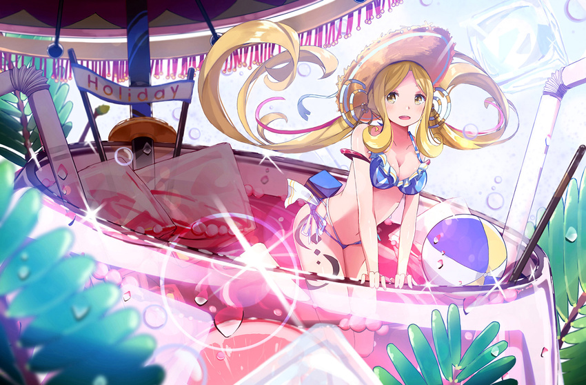 bikini blonde_hair blush breasts cleavage collarbone cup drinking_glass large_breasts long_hair looking_at_viewer navel original parted_lips pot-palm smile summer swimsuit twintails yellow_eyes
