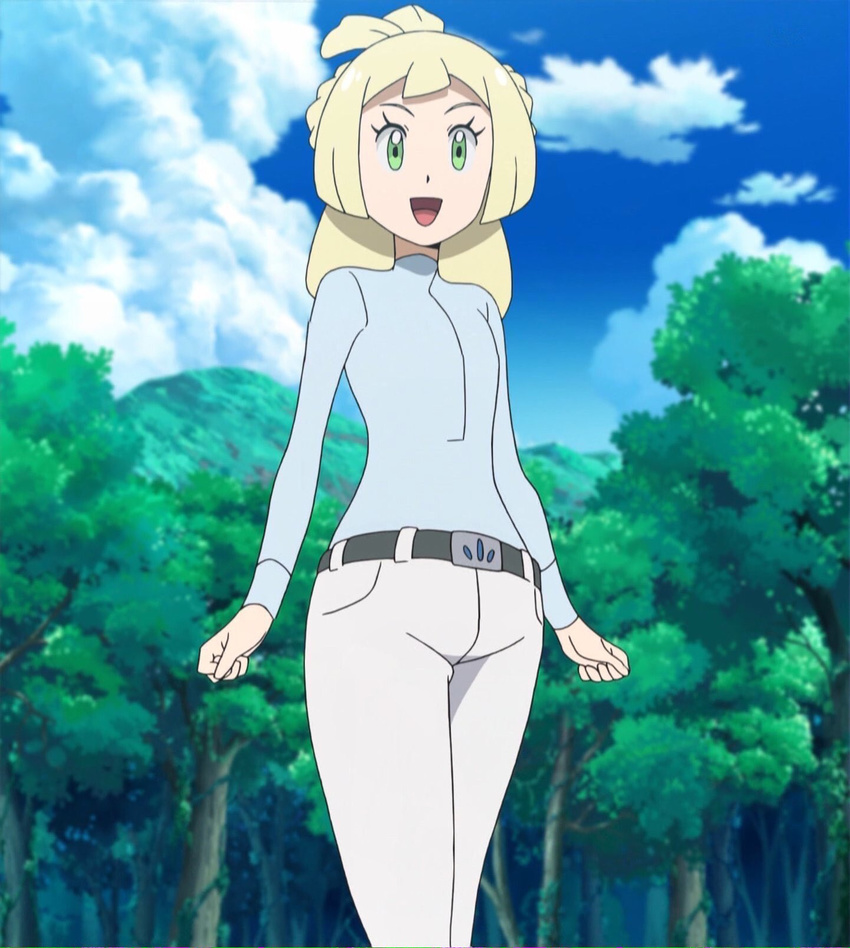 alternate_outfit blonde_hair blue_shirt green_eyes lillie_(pokemon) pokemon pokemon_(anime) pokemon_sm pokemon_sm_(anime) ponytail