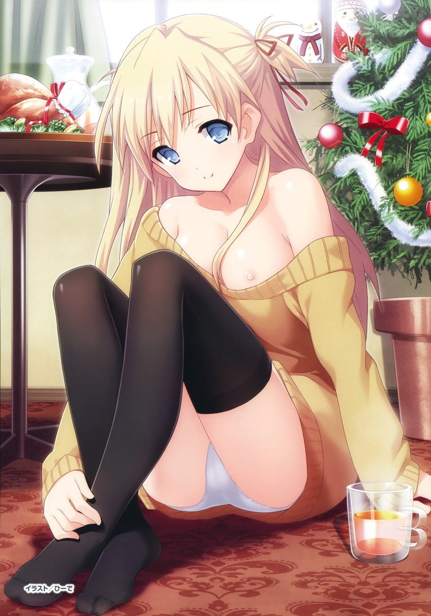 black_legwear blonde_hair blue_eyes breasts breasts_outside christmas_tree crossed_legs food hair_ribbon highres hiide indoors long_hair long_sleeves looking_at_viewer medium_breasts nipples no_pants no_shoes official_art omokage_rail_back panties ribbon sitting smile solo thighhighs turkey_(food) two_side_up underwear white_panties yoshioka_juri