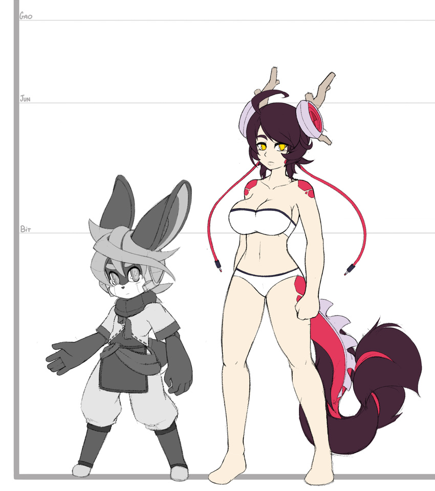 2016 android animal_humanoid anthro antlers bit_(crankyconstruct) bra breasts cable cleavage clothed clothing crankyconstruct dragon dragon_humanoid duo english_text female hi_res horn humanoid jun_(crankyconstruct) lagomorph looking_at_viewer machine male mammal midriff navel panties rabbit robot simple_background standing text underwear white_background yellow_eyes