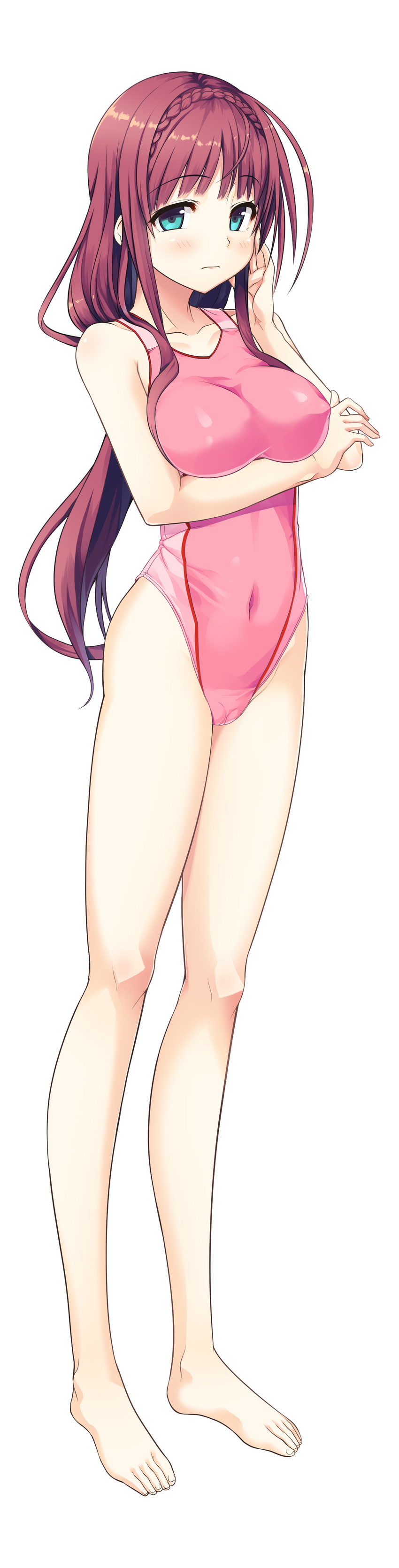 absurdres aqua_eyes barefoot blush braid cameltoe competition_swimsuit covered_navel cura french_braid full_body hand_on_own_cheek highres long_hair maitetsu migita_makura official_art one-piece_swimsuit pink_swimsuit red_hair simple_background solo swimsuit white_background