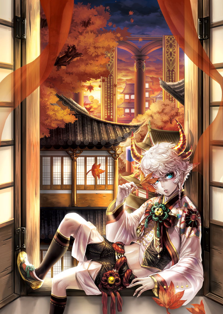 against_window architecture autumn_leaves bangs banner black_legwear black_ribbon black_shorts blowing_leaves blue_eyes box_(hotpppink) braid buttons cloud cloudy_sky commentary_request demon_boy demon_horns east_asian_architecture fingernails from_side gradient_sky hair_between_eyes highres holding holding_leaf horns knee_up kneehighs leaf long_sleeves looking_away looking_to_the_side male_focus maple_leaf maple_tree midriff motion_blur navel original parted_lips pointy_ears ribbon scenery sharp_fingernails shorts shouji side_braid sitting sky sliding_doors slit_pupils solo sunset tassel tree white_hair white_skin wind windowsill
