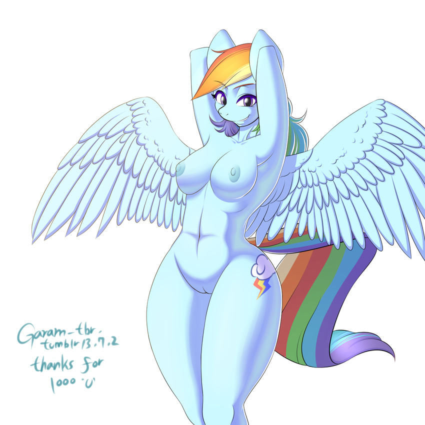 2013 anthro anthrofied blue_feathers breasts cutie_mark english_text equine feathered_wings feathers female friendship_is_magic garam hair hi_res looking_at_viewer mammal multicolored_hair my_little_pony nude pegasus purple_eyes pussy rainbow_dash_(mlp) rainbow_hair solo text wings