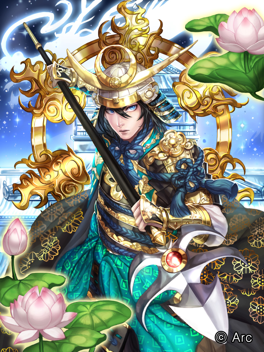 architecture armor black_coat black_hair blue_eyes box_(hotpppink) closed_mouth coat commentary_request company_name east_asian_architecture fighting_stance floral_print flower gem glowing glowing_flower hair_between_eyes halo helmet highres holding holding_spear holding_weapon japanese_armor japanese_clothes kabuto kusazuri looking_at_viewer lotus male_focus official_art open_clothes open_coat polearm print_coat rope ruby_(stone) samurai sengoku_kishin_valkyrie serious sky solo sparkle spear star_(sky) starry_sky tassel two-handed vambraces weapon
