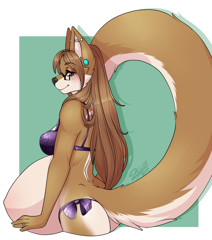 2017 anthro belly big_belly blush brown_eyes brown_fur brown_hair butt canine clothing ear_piercing eyewear female fluffy fluffy_tail folf fox fur glasses hair hiddenwolf hybrid lingerie long_tail looking_at_viewer mammal piercing pregnant ring smile wedding_ring white_fur wolf xanderblaze