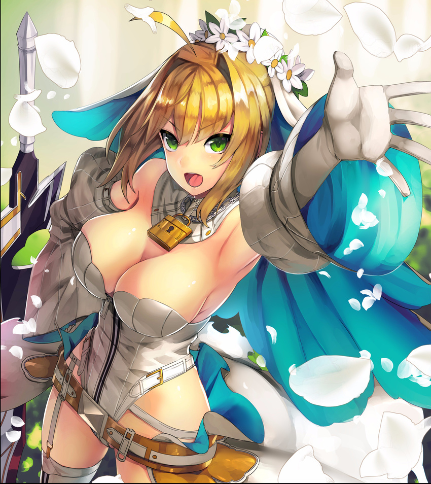 :d absurdres ahoge arm_up armpits bangs bare_shoulders bdsm belt blonde_hair blush breasts bridal_veil chain cleavage commentary_request cowboy_shot detached_collar detached_sleeves elbow_gloves fate/extra fate/extra_ccc fate_(series) flower foreshortening garter_straps gloves green_eyes hair_flower hair_intakes hair_ornament highleg highleg_leotard highres large_breasts leotard lock long_sleeves looking_at_viewer loose_belt nero_claudius_(bride)_(fate) nero_claudius_(fate)_(all) open_mouth padlock petals planted_sword planted_weapon sideboob smile solo sukocchi sword thighhighs v-shaped_eyebrows veil weapon white_gloves white_legwear white_leotard white_sleeves zipper zipper_pull_tab