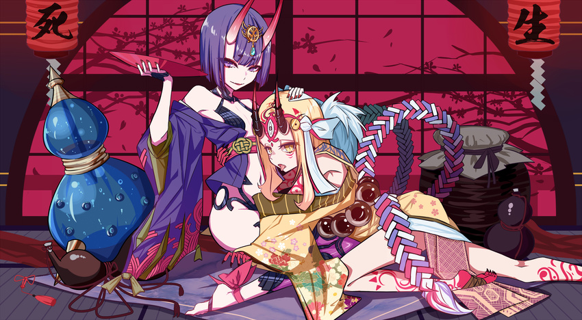 aie ankle_ribbon arm_around_waist beads blonde_hair commentary_request cup eyebrows_visible_through_hair facial_mark fangs fate/grand_order fate_(series) floral_print flower gourd hand_on_another's_head highres horns ibaraki_douji_(fate/grand_order) japanese_clothes jewelry jug kimono lantern looking_at_viewer multiple_girls nail_polish obi off_shoulder oni open_mouth paper_lantern parted_lips petals purple_eyes purple_hair revealing_clothes ribbon rope sakazuki sash shimenawa short_hair shuten_douji_(fate/grand_order) silhouette tongue tongue_out tree yellow_eyes yellow_kimono yuri