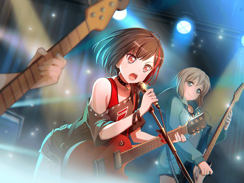 bang_dream! black_hair dress microphone mitake_ran music pants red_eyes rockstar short_hair singing