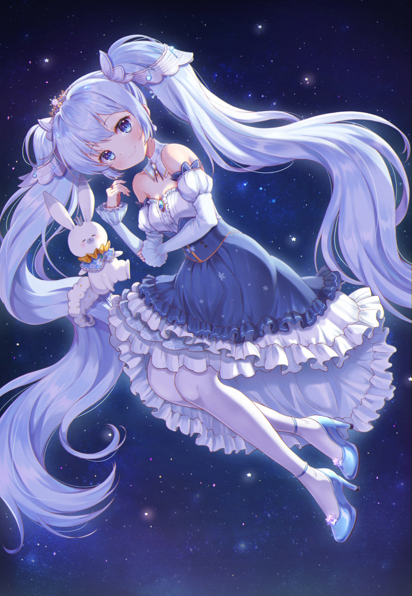 1girl :3 absurdres blue_dress blue_eyes blue_footwear blue_hair blush bunny detached_sleeves dress earrings eyebrows_visible_through_hair foreign_blue full_body hatsune_miku high_heels highres huge_filesize jewelry long_hair looking_at_viewer musical_note nail_polish night pantyhose ring sidelocks smile star starry_background tiara twintails very_long_hair vocaloid white_legwear yuki_miku yukine_(vocaloid)