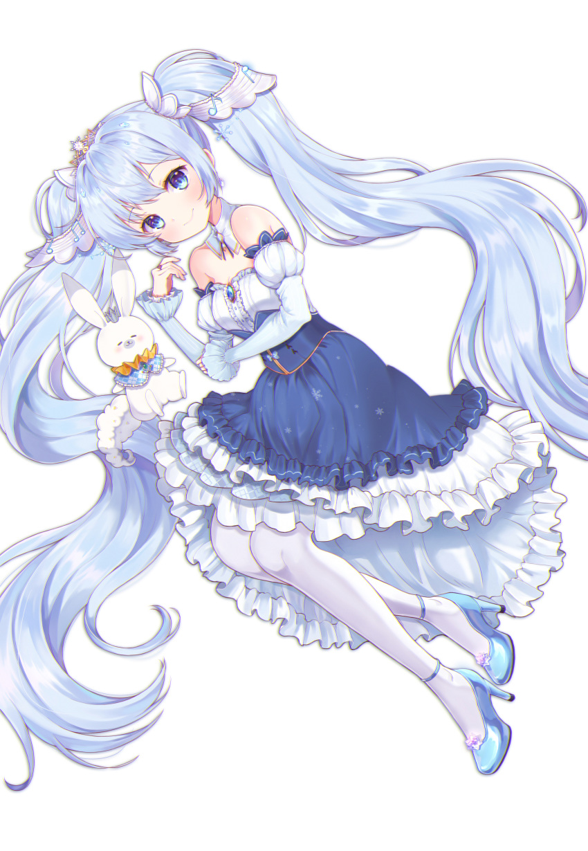 1girl :3 absurdres blue_dress blue_eyes blue_footwear blue_hair blush bunny detached_sleeves dress earrings eyebrows_visible_through_hair foreign_blue full_body hatsune_miku high_heels highres jewelry long_hair looking_at_viewer musical_note nail_polish pantyhose ring sidelocks simple_background smile tiara twintails very_long_hair vocaloid white_background white_legwear yuki_miku yukine_(vocaloid)
