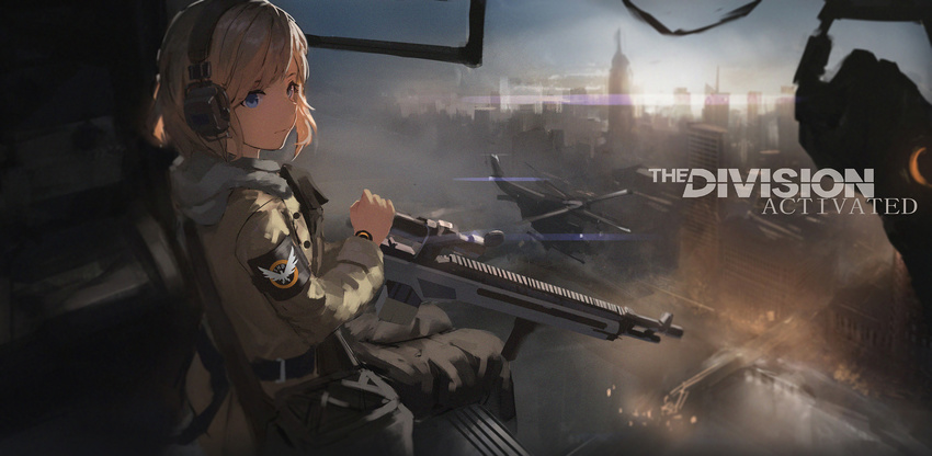 aircraft battle_rifle blue_eyes cityscape doren grey_hair gun headset helicopter highres holding holding_gun holding_weapon looking_away love_live! love_live!_sunshine!! m14 rifle short_hair sketch solo tom_clancy's_the_division watanabe_you weapon