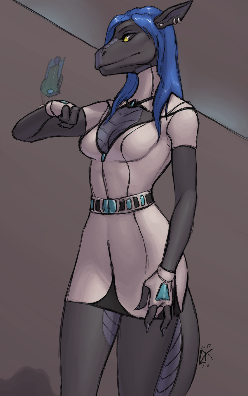 2017 absurd_res anthro belt blue_hair breasts cleavage cleavage_cutout clothed clothing digital_media_(artwork) dragon dress ear_piercing female fingerless_gloves fully_clothed gloves grey_body grey_scales hair hi_res hologram ldr piercing scales simple_background solo standing suit tyrii_ta'lana white_bottomwear white_topwear yellow_eyes