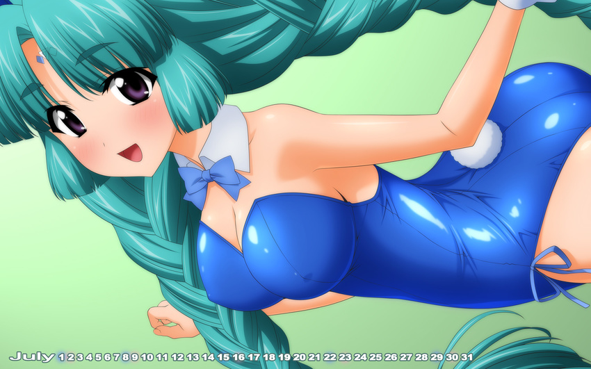 aqua_hair ass blue_leotard blush braid breasts bunny_girl bunny_tail calendar_(medium) canal_vorfeed cleavage collarbone cowboy_shot detached_collar detached_sleeves facial_mark forehead_mark green_background green_hair highres july large_breasts leotard long_hair looking_at_viewer lost_universe purple_eyes shiny shiny_clothes shiny_hair shiny_skin simple_background smile solo sugimura_tomokazu tail twin_braids