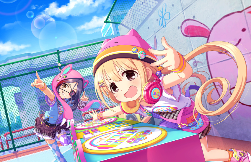 animal_hat animal_hood artist_request bangs belt blonde_hair blue_sky blush brown_eyes cat_hood checkered clothes_writing collarbone day dj eyepatch futaba_anzu grin hair_bobbles hair_ornament hairclip hat hayasaka_mirei headwear_removed hood idolmaster idolmaster_cinderella_girls idolmaster_cinderella_girls_starlight_stage little_riddle long_hair looking_at_viewer low_twintails mismatched_legwear multicolored_hair multiple_girls official_art open_mouth outdoors overalls pins pointing purple_hair shirt short_hair skirt sky smile socks striped striped_legwear t-shirt thighhighs twintails two-tone_hair zettai_ryouiki
