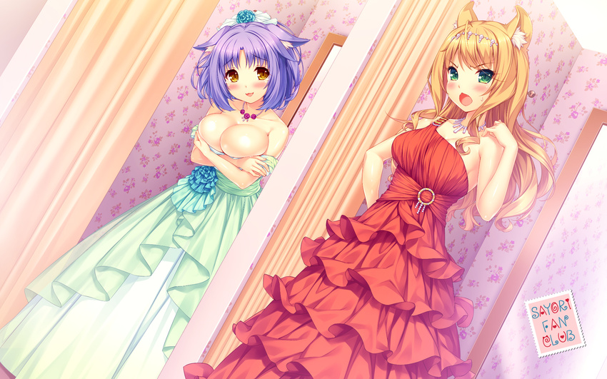 :o animal_ears artist_name bare_shoulders blonde_hair blush breasts cat_ears cinnamon_(sayori) cleavage collarbone covering covering_breasts curly_hair dress eyebrows_visible_through_hair fanbox_reward fangs fitting_room flower green_dress green_eyes hair_flower hair_ornament hand_on_hip highres jewelry large_breasts long_dress long_hair maple_(sayori) medium_breasts mirror multiple_girls necklace nekopara off_shoulder paid_reward purple_hair red_dress sayori short_hair single_strap slit_pupils sweatdrop tears v-shaped_eyebrows wallpaper yellow_eyes