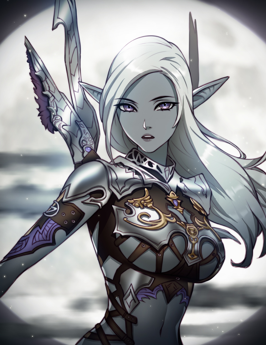 absurdres armor artist_name belt blue_skin breasts cloud dark_elf elf eyebrows_visible_through_hair eyelashes gorget highres large_breasts lineage lineage_2 lips long_hair looking_at_viewer moon navel paid_reward parted_lips patreon_reward pink_lady_mage pointy_ears purple_eyes solo underboob