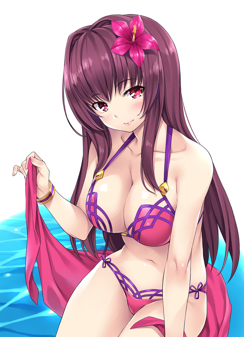 adapted_costume arm_at_side bangs bare_arms bare_shoulders bikini blush bracelet breasts cleavage closed_mouth collarbone commentary_request cowboy_shot eyebrows_visible_through_hair fate/grand_order fate_(series) fingernails flower hair_flower hair_ornament hand_up head_tilt hibiscus highres jewelry large_breasts legs_together lipstick long_fingernails long_hair looking_at_viewer makeup midriff nail_polish navel outdoors pink_lips pink_lipstick pink_nails purple_bikini purple_hair red_eyes rip@lip sarong scathach_(fate)_(all) scathach_(swimsuit_assassin)_(fate) side-tie_bikini sidelocks smile solo stomach strap_gap string_bikini swimsuit sword water weapon white_background