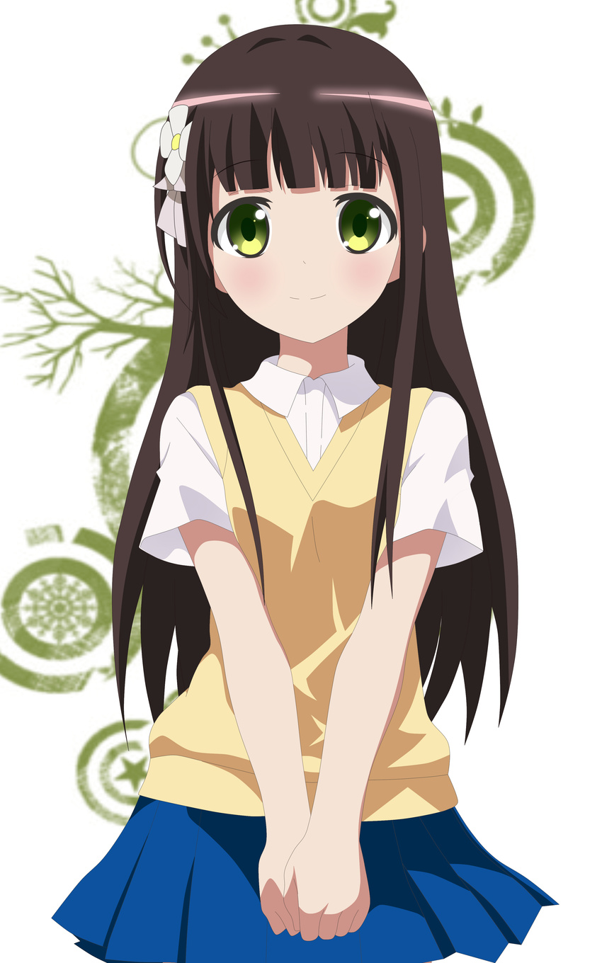 absurdres bad_id bad_pixiv_id bangs blue_skirt blunt_bangs blush branch breasts brown_hair closed_mouth collared_shirt commentary_request cowboy_shot eyebrows_visible_through_hair flower gochuumon_wa_usagi_desu_ka? green_eyes hair_flower hair_ornament hair_ribbon hands_together highres in_shon long_hair looking_at_viewer miniskirt pleated_skirt ribbon shirt short_sleeves sidelocks skirt small_breasts smile solo standing star sweater sweater_vest ujimatsu_chiya white_background white_ribbon white_shirt wing_collar yellow_sweater
