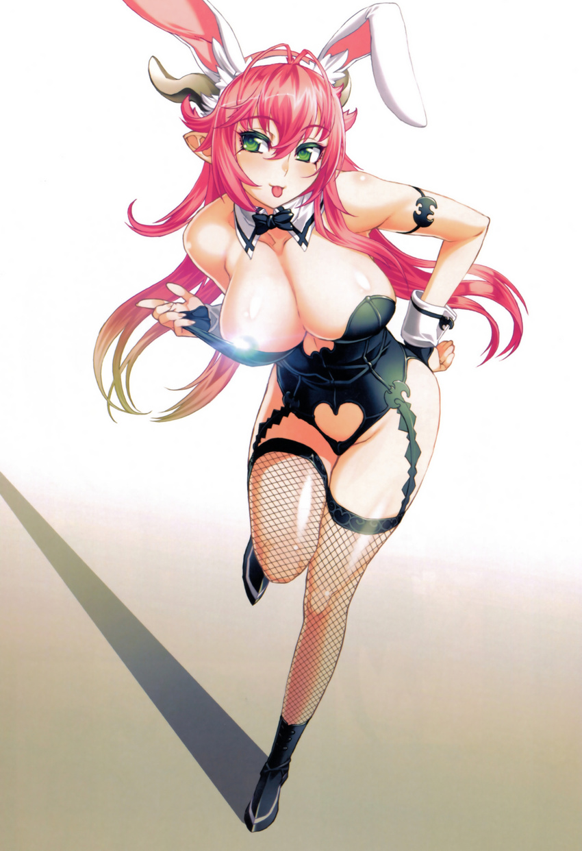 absurdres animal_ears arm_strap asmodeus_(the_seven_deadly_sins) bow bowtie breasts bunny_ears bunny_girl bunnysuit censored demon_girl demon_horns fishnet_legwear fishnets garter_straps gloves green_eyes highres horns large_breasts lens_flare light_censor long_hair nishii_(nitroplus) nitroplus official_art pink_hair pointy_ears scan shoes solo the_seven_deadly_sins thighhighs tongue tongue_out wrist_cuffs