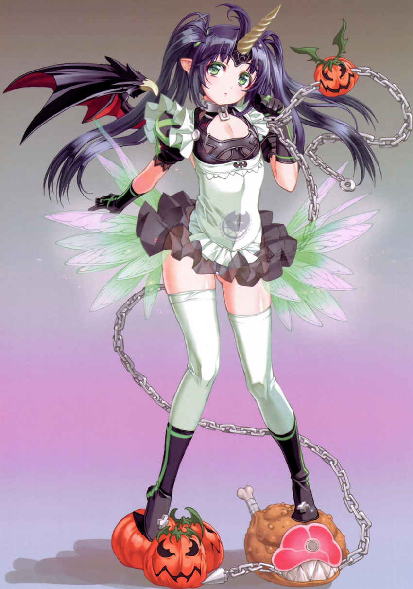 absurdres ahoge apron arm_at_side ass_visible_through_thighs bangs beelzebub_(the_seven_deadly_sins) black_dress black_gloves black_wings chain cleavage_cutout collar demon_wings dress eyebrows_visible_through_hair flat_chest frilled_apron frills full_body gloves gradient gradient_background green_eyes hair_ornament hair_tie hand_up highres horn jack-o'-lantern long_hair nishii_(nitroplus) parted_bangs pointy_ears puffy_short_sleeves puffy_sleeves purple_hair scan short_dress short_sleeves solo spread_wings standing the_seven_deadly_sins thighhighs twintails waist_apron white_apron white_legwear wings