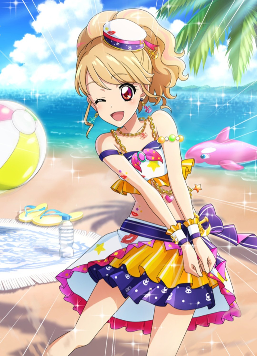 aikatsu! aikatsu!_(series) aikatsu!_photo_on_stage!! anchor_earrings anchor_symbol ball bangs beach beachball blonde_hair chain cloud day earrings flip-flops frills hat highlights highres inflatable_dolphin inflatable_toy jewelry multicolored_hair natsuki_mikuru necklace ocean one_eye_closed open_mouth outdoors palm_tree pink_eyes ponytail sailor_hat sand sandals shirt skirt sky sleeveless sleeveless_shirt smile sunlight tree water