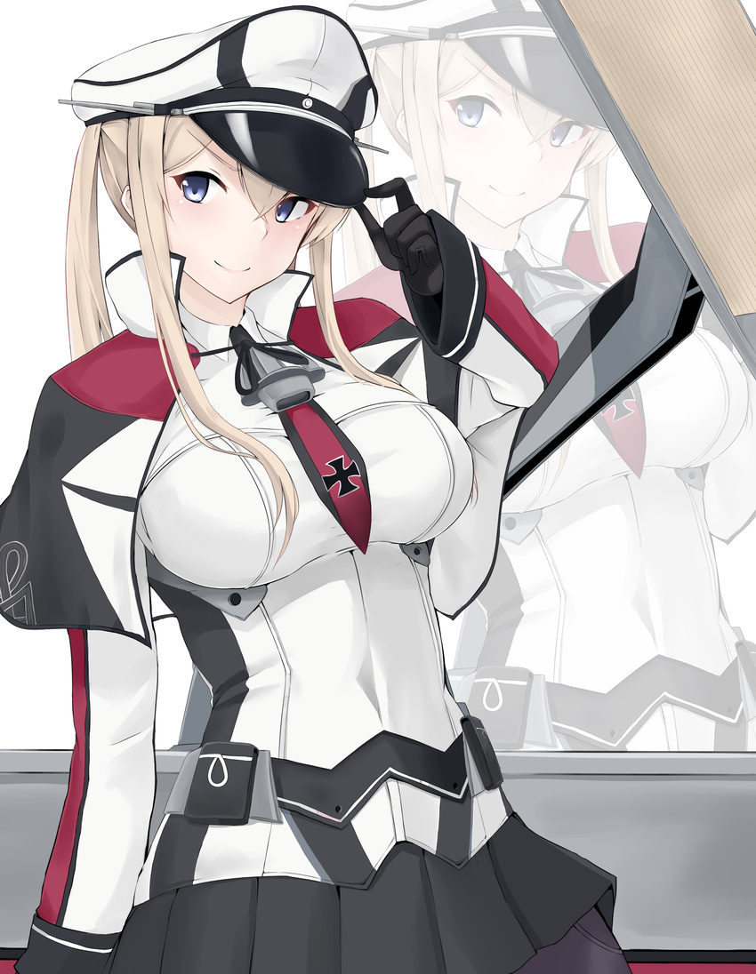 absurdres adjusting_clothes adjusting_hat blonde_hair blue_eyes breasts capelet covered_navel flight_deck graf_zeppelin_(kantai_collection) hair_between_eyes hat highres iron_cross jacket kantai_collection large_breasts long_sleeves looking_at_viewer maruya1006 miniskirt necktie pantyhose peaked_cap red_neckwear simple_background skirt smile smug solo twintails white_background white_cap white_jacket zoom_layer