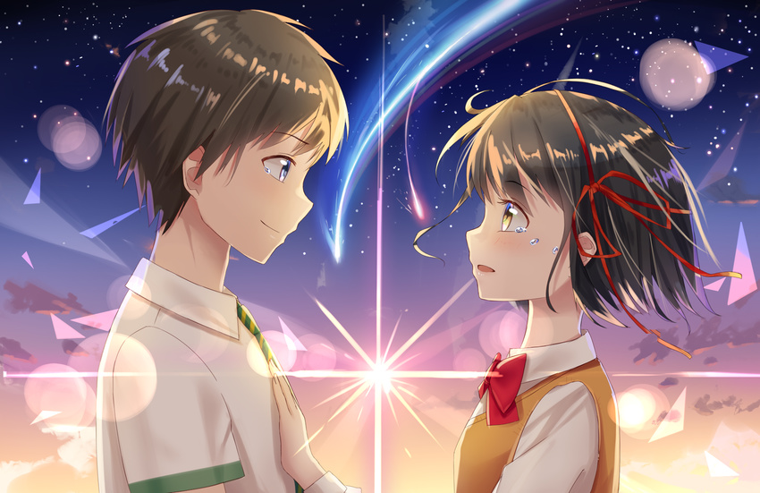 1girl bangs black_hair blue_eyes bow bowtie brown_hair closed_mouth cloud collared_shirt commentary_request crying crying_with_eyes_open diffraction_spikes eyebrows_visible_through_hair from_side gradient_sky green_neckwear hair_ribbon hand_on_another's_chest highres ji_dao_ji kimi_no_na_wa lens_flare light_trail long_sleeves looking_at_another miyamizu_mitsuha necktie open_mouth red_bow red_neckwear red_ribbon ribbon school_uniform shiny shiny_hair shirt shooting_star short_hair short_sleeves sky smile star_(sky) starry_sky striped striped_neckwear sunlight sweater_vest tachibana_taki tareme tears upper_body white_shirt wind yellow_eyes yellow_neckwear