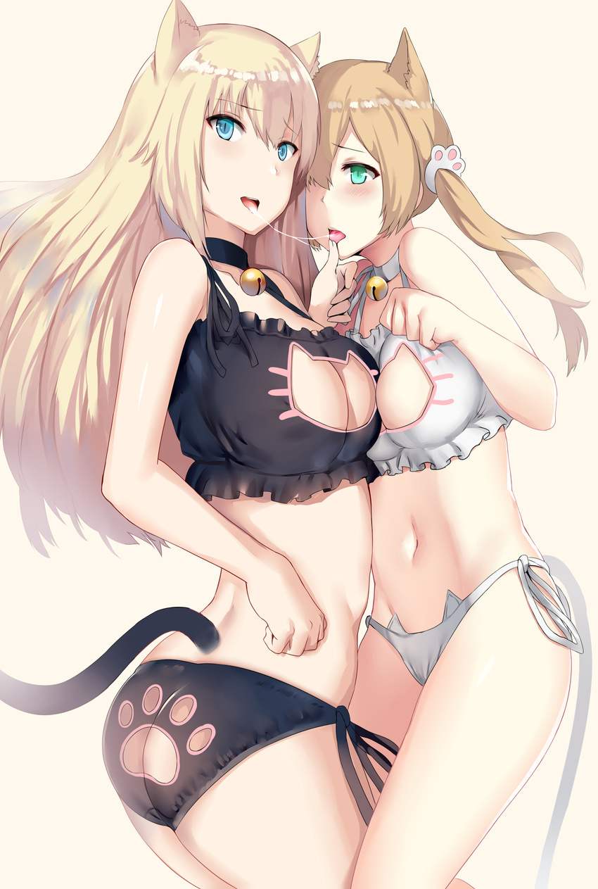 absurdres animal_ears ass ass_cutout beige_background bell bell_choker bismarck_(kantai_collection) black_bra black_legwear black_panties blonde_hair blue_eyes blush bra breasts cat_cutout cat_ears cat_lingerie cat_tail choker cleavage cleavage_cutout green_eyes hews_hack highres jingle_bell kantai_collection kemonomimi_mode large_breasts long_hair looking_at_viewer matching_outfit meme_attire multiple_girls navel open_mouth paid_reward panties patreon_reward paw_panties paw_pose paw_print prinz_eugen_(kantai_collection) round_teeth saliva saliva_trail side-tie_panties simple_background standing tail teeth tongue tongue_out twintails underwear underwear_only upper_teeth white_bra white_panties yuri