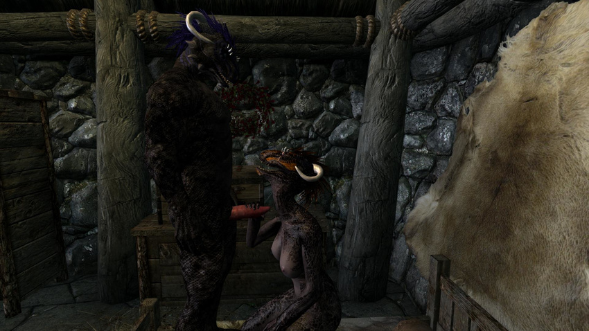 3d_(artwork) abs anatomically_correct argonian bed biceps black_scales blue_feathers breasts brother brother_and_sister digital_media_(artwork) eyes_meeting feathers handjob horn incest kneeling open_mouth orange_feathers penis ralia_far_seer_(character) rallus_far_seer_(character) scales scalie sex sibling sister size_difference small_dom_big_sub source_filmmaker standing_on_bed teeth the_elder_scrolls video_games white_horn