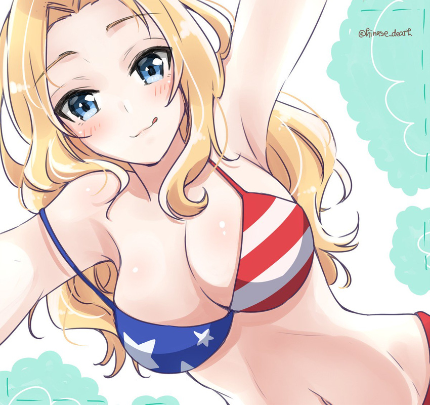 american_flag_bikini bikini blonde_hair blue_eyes blush breasts cleavage commentary_request flag_print from_below girls_und_panzer groin hinase_(twoxout) kay_(girls_und_panzer) large_breasts licking_lips long_hair navel smile solo strap_slip swimsuit tongue tongue_out twitter_username