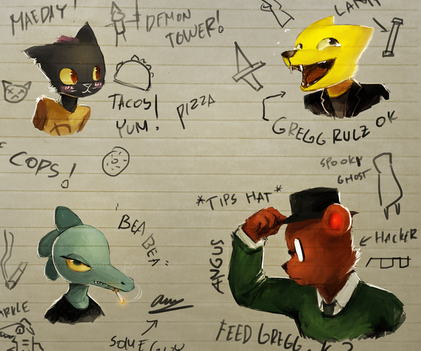 2017 angus_(nitw) anthro bea_(nitw) bear blush canine cat cigarette clothed clothing crocodile crocodilian english_text eyewear feline female fox glasses green_eyes gregg_(nitw) group hat mae_(nitw) male mammal night_in_the_woods panzery25 paper red_eyes reptile scalie signature smoking text yellow_sclera