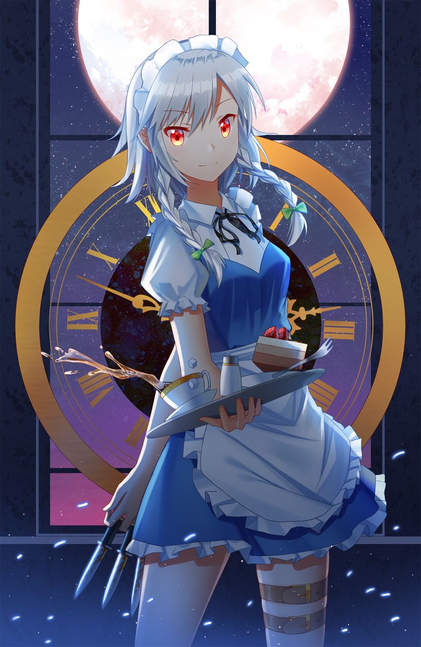 apron backlighting bangs black_ribbon blue_dress bow braid buckle cake clock closed_mouth collared_dress commentary_request cup dagger dress eyebrows_visible_through_hair food fork frilled_apron frills fruit full_moon gradient_sky green_bow hair_between_eyes hair_bow highres holding holding_tray indoors izayoi_sakuya ji_dao_ji light_particles long_hair looking_at_viewer maid maid_apron maid_headdress moon moonlight neck_ribbon night night_sky plate puffy_short_sleeves puffy_sleeves red_eyes ribbon roman_numerals shiny shiny_hair short_dress short_sleeves silver_hair sky smile solo spilling standing star_(sky) starry_sky strawberry sugar_cube swept_bangs tea teacup thigh_strap touhou tray tsurime twin_braids waist_apron weapon white_apron window wing_collar