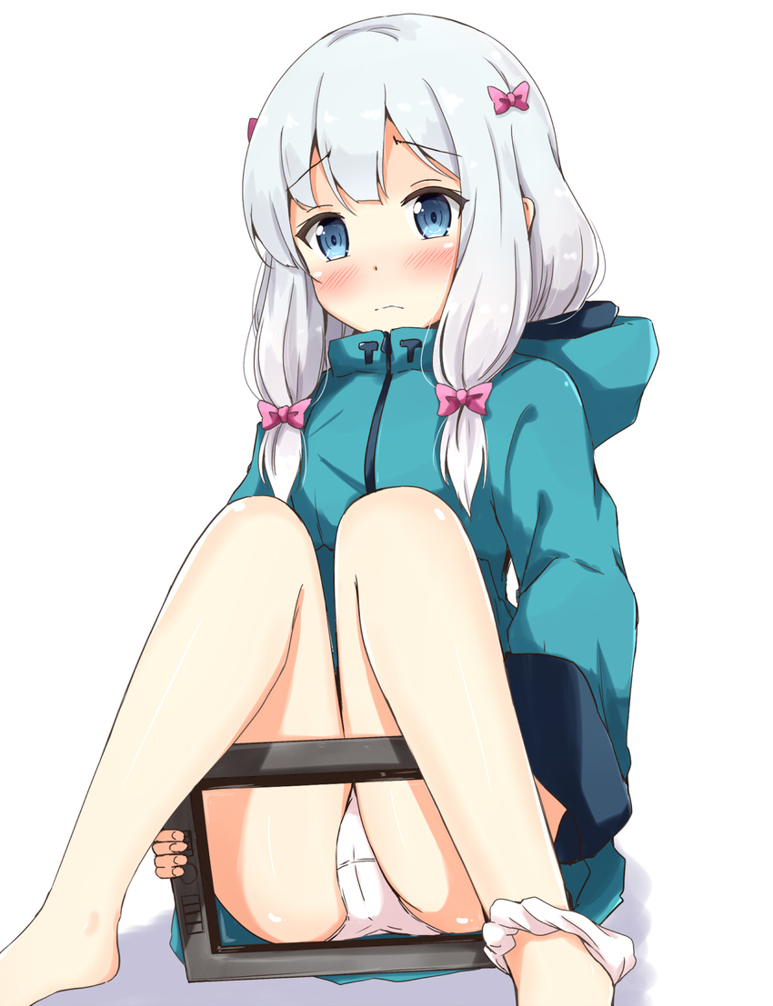 aikawa_ryou barefoot blue_eyes blush bow commentary covering covering_crotch embarrassed eromanga_sensei eyebrows_visible_through_hair graphite_(medium) hair_bow highres hood hood_down hooded_jacket izumi_sagiri jacket long_hair looking_at_viewer low-tied_long_hair no_pants panties panties_around_one_leg pink_bow silver_hair solo tablet traditional_media underwear white_panties