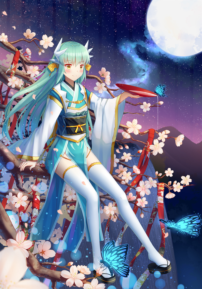 alcohol aqua_hair bangs blue_kimono blurry blush branch bug butterfly cherry_blossoms closed_mouth commentary_request cup depth_of_field eyebrows_visible_through_hair fate/grand_order fate_(series) floating_hair full_body full_moon glowing_butterfly gradient_sky hair_between_eyes hair_ornament highres horns in_tree insect japanese_clothes ji_dao_ji kimono kiyohime_(fate/grand_order) light_particles long_hair long_sleeves looking_away moon mountain night night_sky obi pelvic_curtain sakazuki sake sandals sash shiny shiny_hair sitting sky smile solo spilling star_(sky) starry_sky thighhighs tree white_legwear wide_sleeves yellow_eyes