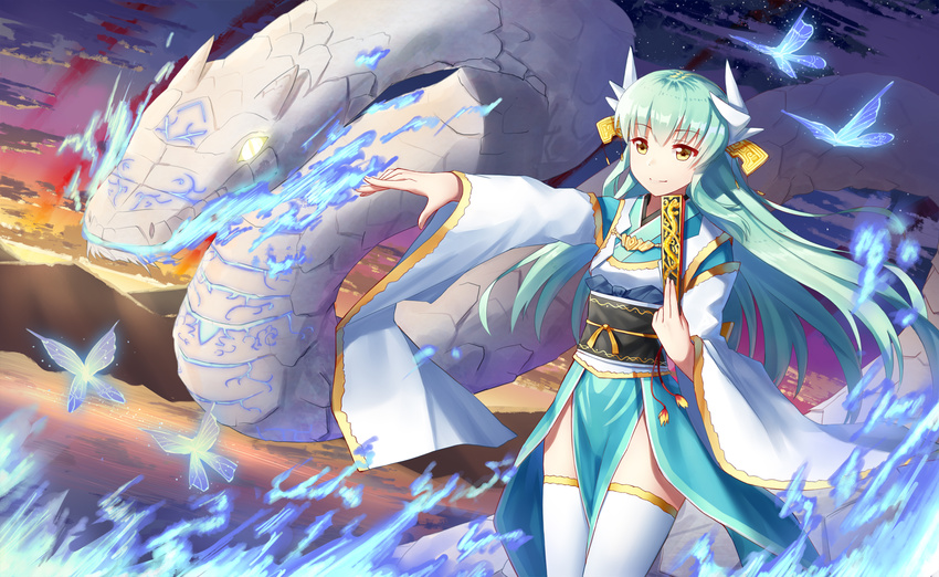 aqua_hair bangs blue_kimono bug butterfly closed_mouth cloud cloudy_sky commentary_request dragon eyebrows_visible_through_hair fan fate/grand_order fate_(series) furisode glowing glowing_butterfly glowing_eyes gradient_sky hair_ornament highres holding holding_fan horns insect japanese_clothes ji_dao_ji kimono kiyohime_(fate/grand_order) legs_together long_hair long_sleeves looking_away magic mountain obi ocean orange_sky outdoors outstretched_arm sash shiny shiny_hair sky smile standing star_(sky) starry_sky thighhighs twilight white_legwear wind yellow_eyes
