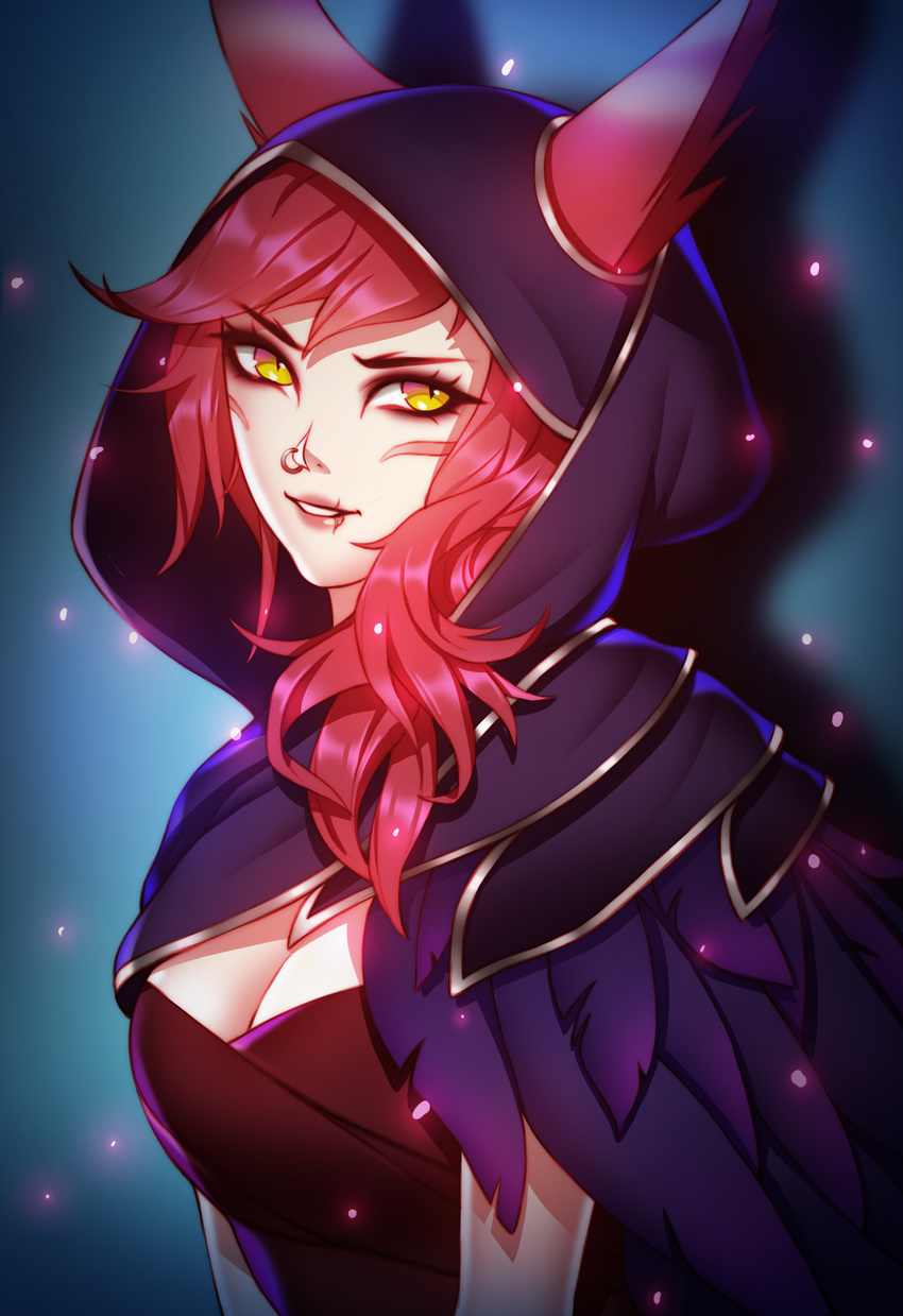 absurdres animal_ears breasts cleavage cloak eyebrows_visible_through_hair eyelashes facial_mark feathers highres hood hood_up league_of_legends light_particles long_hair looking_at_viewer medium_breasts nose_piercing paid_reward parted_lips patreon_reward piercing pink_lady_mage red_hair scar solo upper_body xayah yellow_eyes