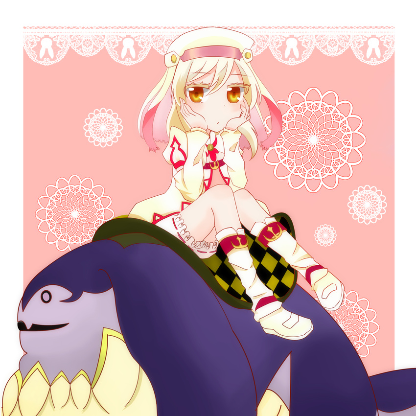 1girl alice_(tales) blonde_hair bloomers boots brown_eyes frills hat jacket long_hair pink_background tales_of_(series) tales_of_symphonia_knight_of_ratatosk veil