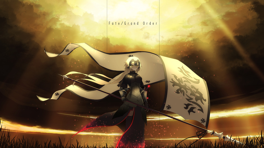 absurdres alternate_hair_length alternate_hairstyle armor asuteroid blonde_hair breasts copyright_name eyebrows_visible_through_hair fate/grand_order fate_(series) flag headpiece highres holding holding_flag jeanne_d'arc_(alter)_(fate) jeanne_d'arc_(fate)_(all) large_breasts light_rays long_hair looking_at_viewer solo sunbeam sunlight yellow_eyes