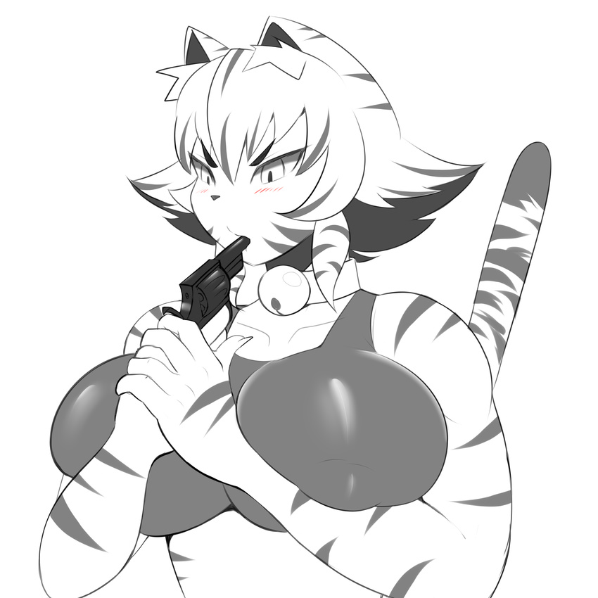 anthro bell big_breasts blush breasts clothed clothing collar feline female fur gun gun_in_mouth hair hi_res holding_object holding_weapon mammal monochrome ranged_weapon saffron_(safurantora) safurantora simple_background solo stripes tiger tight_clothing weapon white_background
