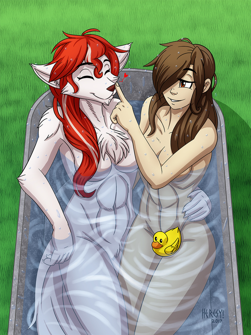 &lt;3 2017 abs anthro bath bathing bathtub bedroom_eyes blush breasts brown_eyes brown_hair canine chest_tuft convenient_censorship duo eyes_closed female female/female fur grass green_eyes hair hair_censorship half-closed_eyes heresy_(artist) human human_on_anthro interspecies keidran looking_back mammal nude outside red_hair roselyn_(twokinds) rubber_duck saria_legacy seductive sitting smile tuft twokinds water wet white_fur wolf