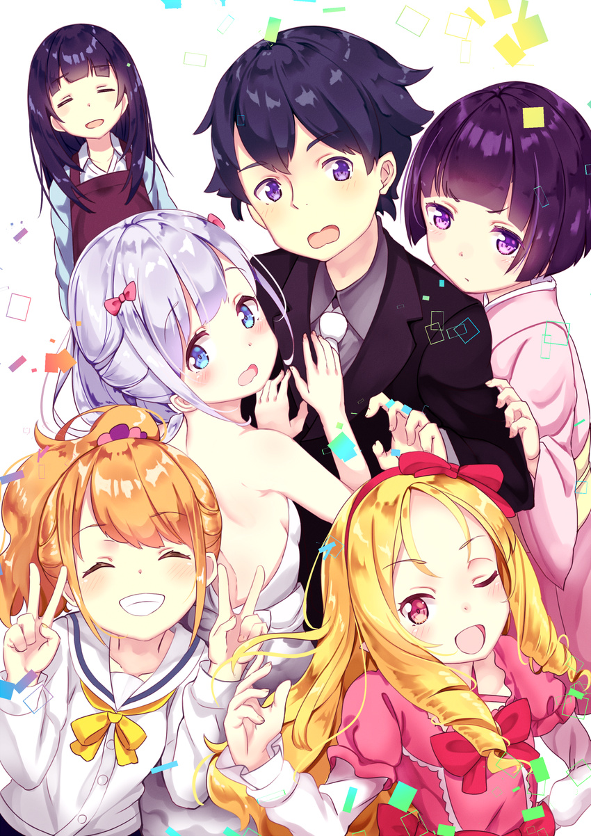 5girls ;d amacha apron backless_dress backless_outfit black_apron black_hair black_jacket blonde_hair bow breasts brown_hair closed_eyes collarbone double_v dress drill_hair eromanga_sensei eyebrows_visible_through_hair formal grey_shirt grin hair_bow hair_ribbon highres izumi_masamune izumi_sagiri jacket japanese_clothes jinno_megumi kimono multiple_girls necktie obi one_eye_closed open_mouth pink_bow pink_kimono ponytail purple_eyes red_eyes red_ribbon ribbon sash senju_muramasa shirt short_hair sideboob silver_hair simple_background sleeveless sleeveless_dress small_breasts smile strapless strapless_dress takasago_tomoe twin_drills v white_background white_dress white_neckwear white_shirt yamada_elf yukata