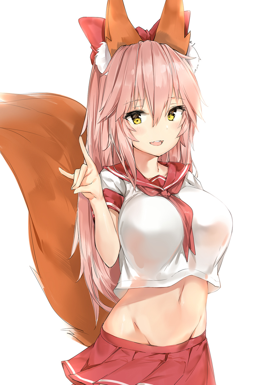 animal_ear_fluff animal_ears astolfo_(fate) astolfo_(fate)_(cosplay) bad_id bad_pixiv_id bangs between_breasts breasts commentary_request cosplay fate/apocrypha fate/extra fate/grand_order fate_(series) fox_ears fox_shadow_puppet fox_tail groin hair_between_eyes hair_ribbon highres large_breasts long_hair looking_at_viewer midriff navel neckerchief open_mouth pink_hair red_neckwear red_ribbon red_sailor_collar red_skirt ribbon sailor_collar school_uniform serafuku shirt silver_(chenwen) simple_background skirt sleeve_cuffs solo standing tail tamamo_(fate)_(all) tamamo_no_mae_(fate) white_background white_shirt yellow_eyes