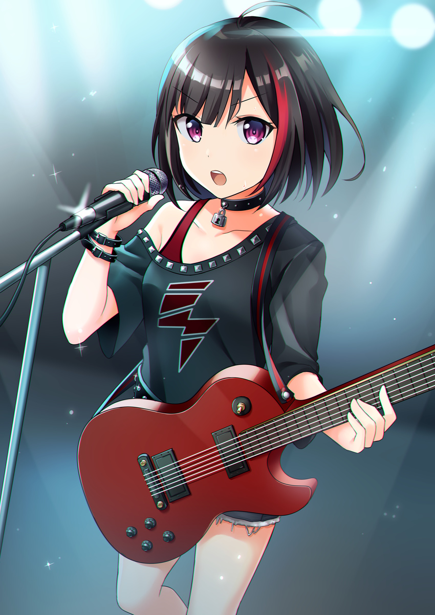 absurdres bang_dream! black_hair blush bracelet collar collarbone electric_guitar eyebrows_visible_through_hair guitar highres holding holding_instrument holding_microphone instrument jewelry keyhole lock looking_at_viewer microphone microphone_stand mitake_ran multicolored_hair open_mouth pink_eyes red_hair short_hair solo sweatdrop teeth two-tone_hair yuusa