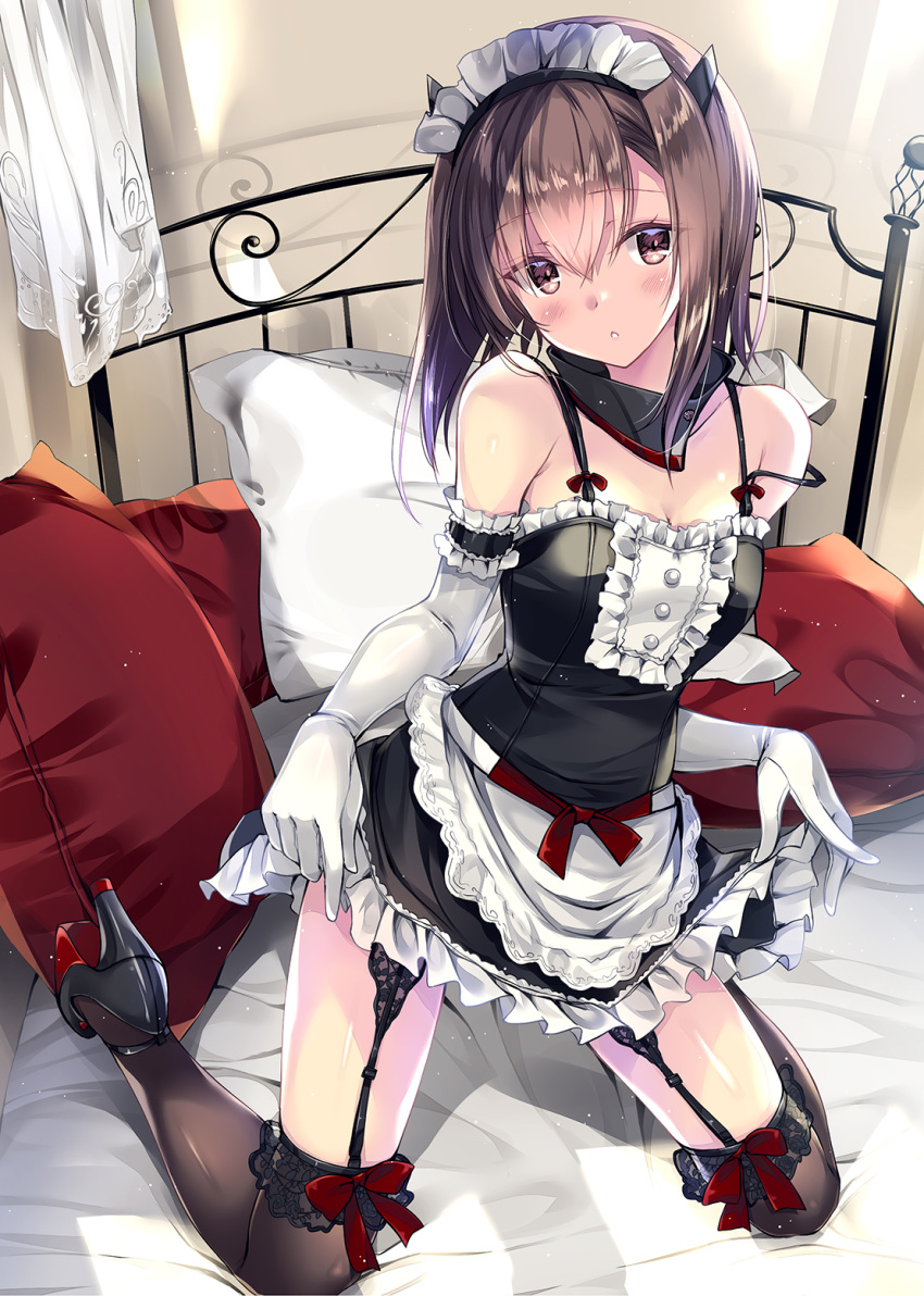 1girl alternate_costume apron arm_garter bangs bare_shoulders bedroom black_legwear blush boots bow_legwear breasts brown_eyes brown_hair center_frills choker cleavage commentary_request curtains day elbow_gloves enmaided eyebrows_visible_through_hair garter_belt garter_straps gloves hair_between_eyes head_tilt headgear high_heels highres indoors kantai_collection kneeling kobayashi_chisato lifted_by_self light_particles looking_at_viewer maid maid_apron maid_headdress on_bed parted_lips pillow revision short_hair sidelocks skindentation skirt skirt_lift small_breasts solo taihou_(kantai_collection) thighs white_gloves
