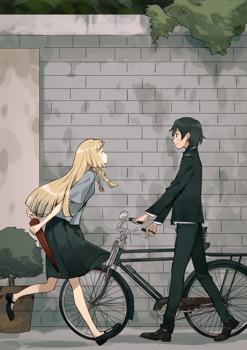 1boy 1girl alternate_costume bike black_hair blonde_hair blush braided_hair brick_wall lillie_(pokemon) long_hair male_protagonist_(pokemon_sm) plant pokemon pokemon_(game) pokemon_sm smile tagme tree umbrella you_(pokemon_sm)