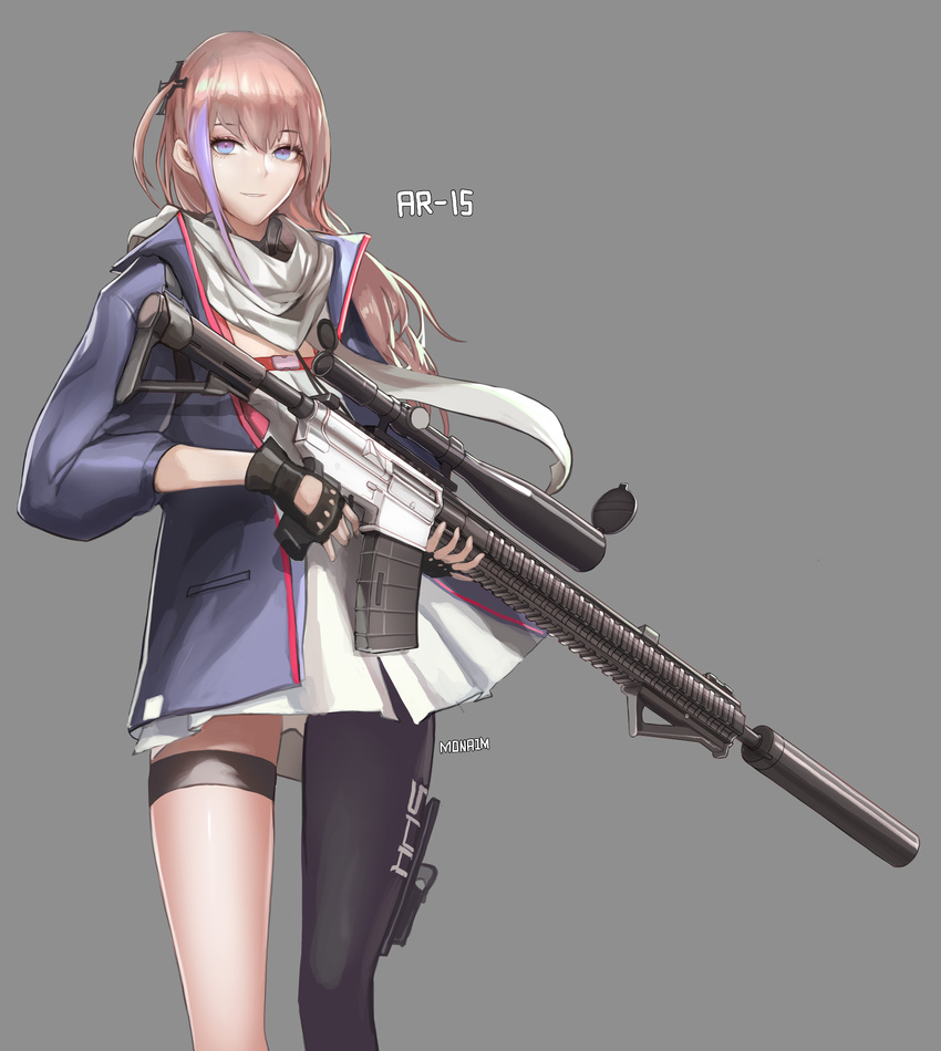 absurdres ar-10 ar-15 bangs battle_rifle black_gloves black_legwear blue_eyes character_name commentary_request cowboy_shot dress fingerless_gloves girls_frontline gloves gun highres holding holding_gun holding_weapon jacket letterboxed long_hair looking_at_viewer monaim multicolored_hair one_side_up open_clothes open_jacket parted_lips pink_hair purple_hair rifle single_thighhigh smile solo st_ar-15_(girls_frontline) streaked_hair suppressor thighhighs weapon white_dress