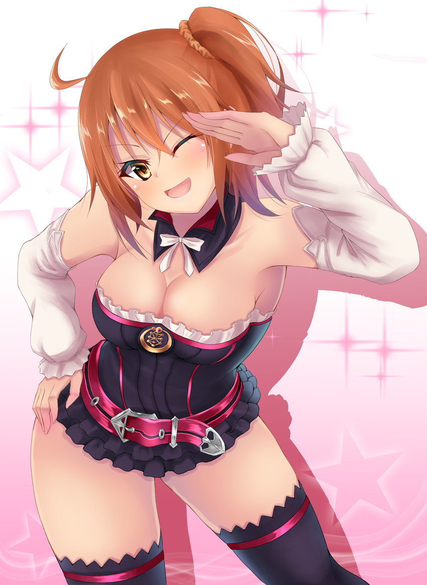 ;d ahoge armpit_peek bangs bare_shoulders belt belt_buckle black_dress black_legwear breasts buckle cleavage collarbone commentary contrapposto cosplay denpa_(denpae29) detached_collar detached_sleeves dress eyebrows_visible_through_hair fate/grand_order fate_(series) fujimaru_ritsuka_(female) gradient gradient_background hair_between_eyes hair_ornament hair_scrunchie hand_on_hip hand_up helena_blavatsky_(fate/grand_order) helena_blavatsky_(fate/grand_order)_(cosplay) highres leaning_forward long_sleeves looking_at_viewer medium_breasts microdress neck_ribbon one_eye_closed one_side_up open_mouth orange_hair orange_scrunchie pink_background pink_belt ribbon salute scrunchie shadow shiny shiny_hair smile solo sparkle standing star strapless strapless_dress thighhighs v-shaped_eyebrows white_ribbon white_sleeves yellow_eyes
