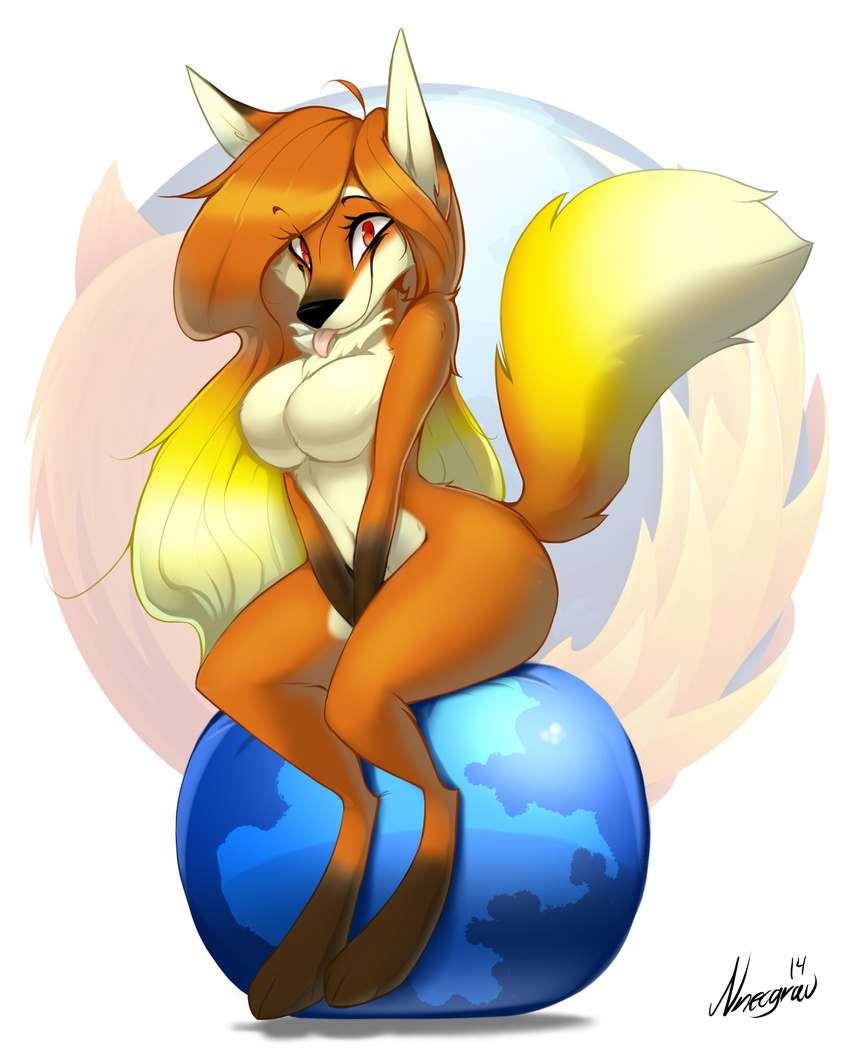 2014 anthro breasts brown_fur canine earth featureless_breasts female firefox fox fur hi_res looking_at_viewer mammal nnecgrau nude orange_fur red_eyes sitting smile solo tan_fur tongue yellow_fur